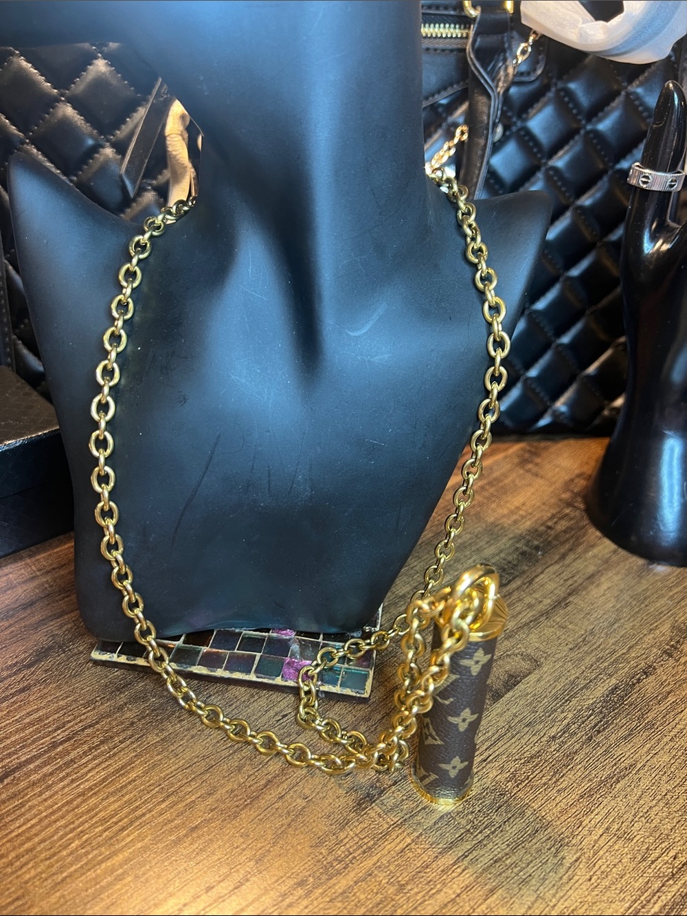 Stainless Steel Gold-Tone Chain Necklace with Monogram Cylinder Pendant